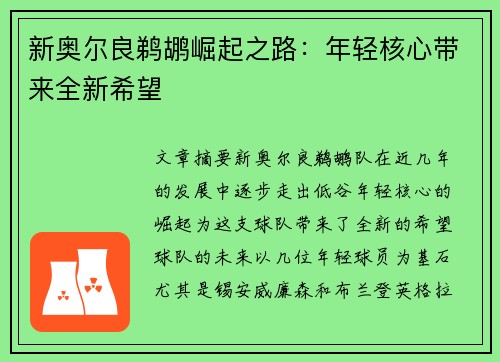 新奥尔良鹈鹕崛起之路：年轻核心带来全新希望